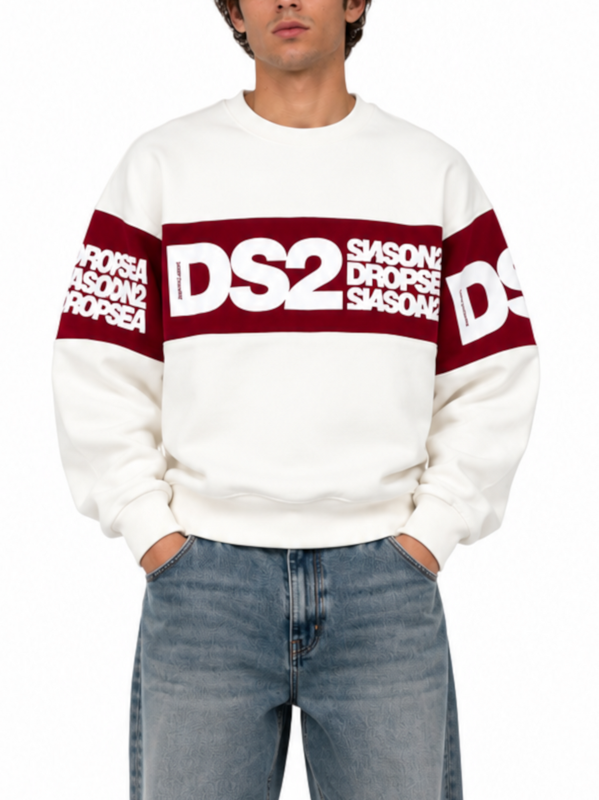Felpa DS2 Bianco Bordeaux Banda girocollo F62A371 BIANCO DS2 