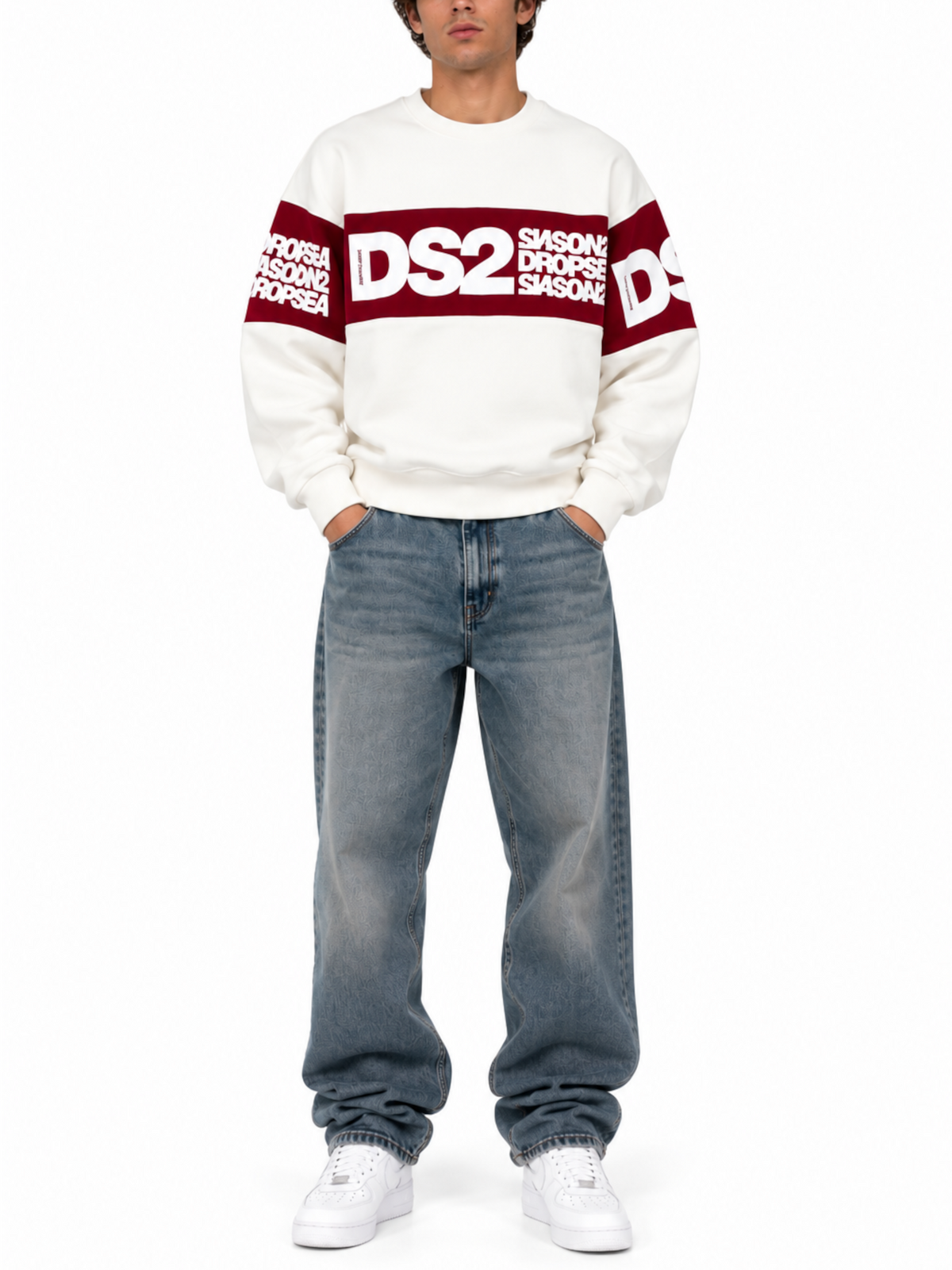 Felpa DS2 Bianco Bordeaux Banda girocollo F62A371 BIANCO DS2 