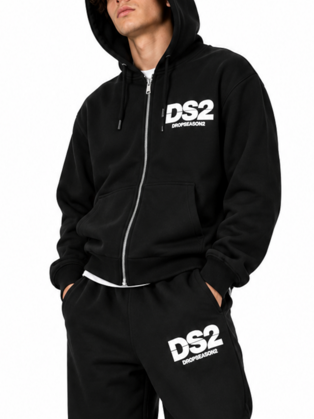 Felpa DS2 Nero Logo con zip e cappuccio F62A390 NERO DS2 