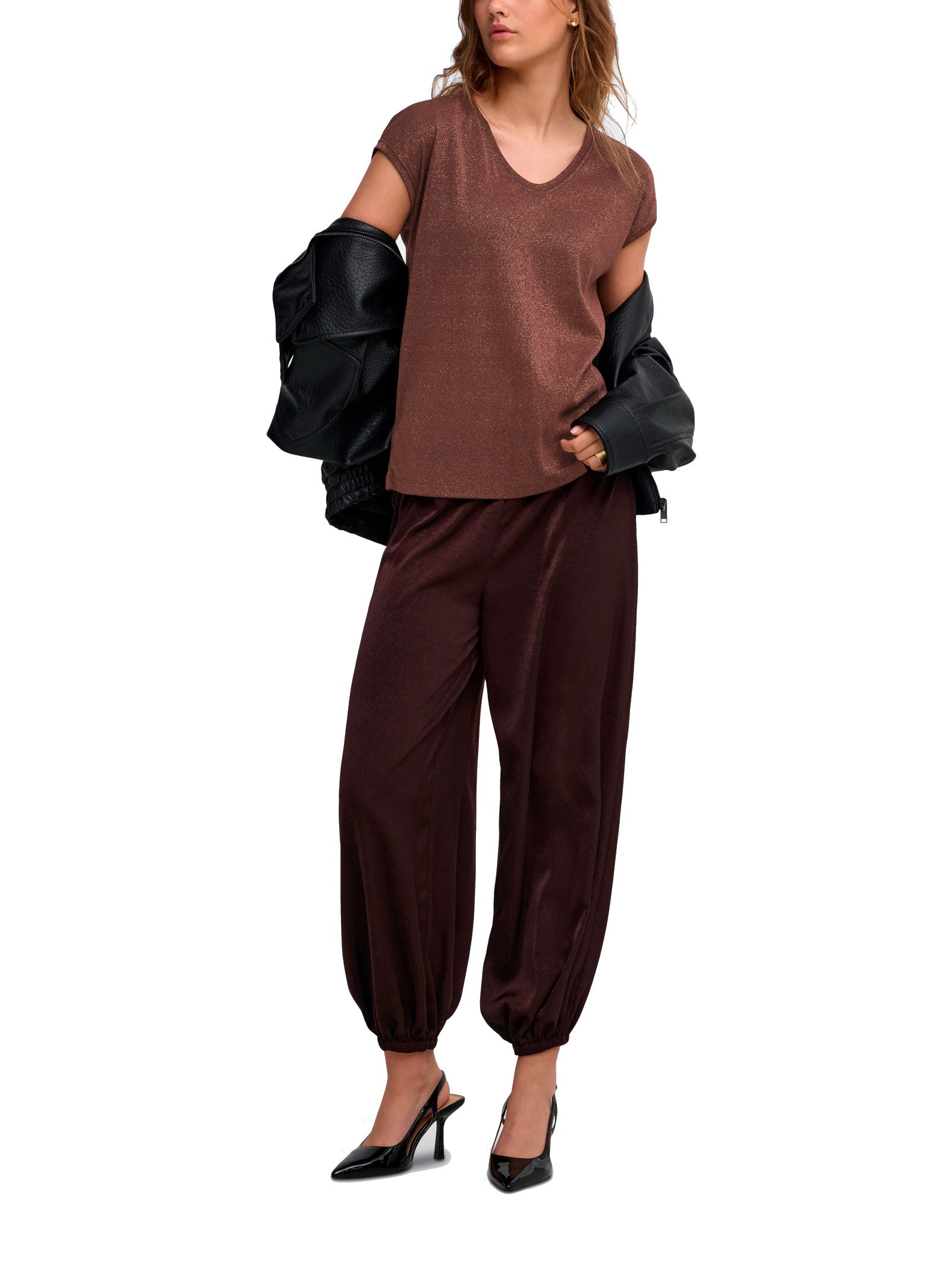 T-Shirt Only Silver Marrone in lurex 15136069 /Deep Mahogany ONLY 