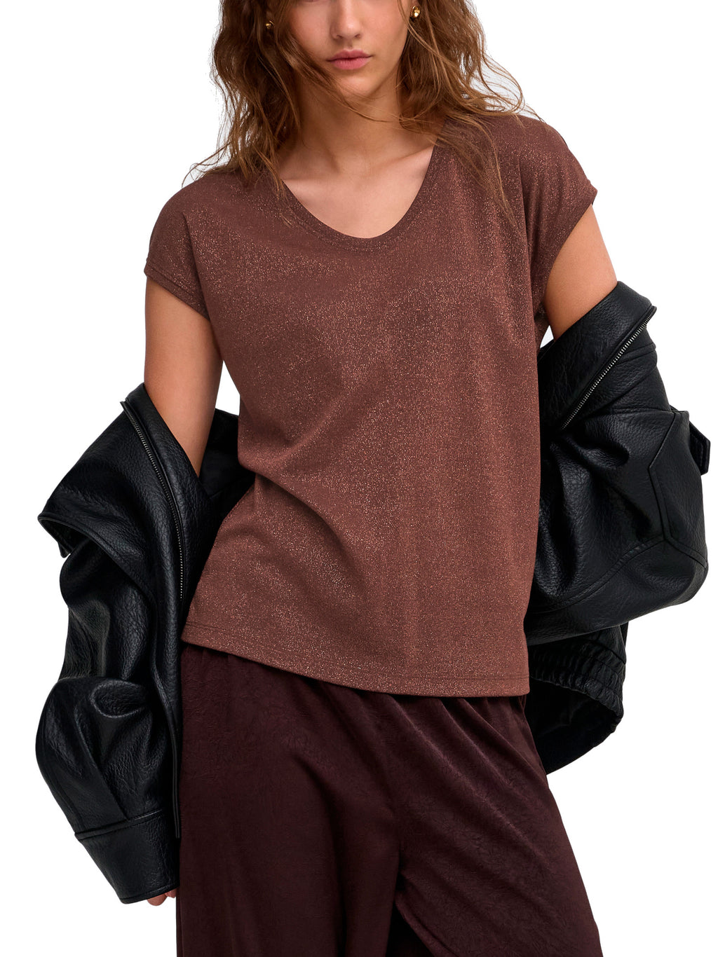 T-Shirt Only Silver Marrone in lurex 15136069 /Deep Mahogany ONLY 