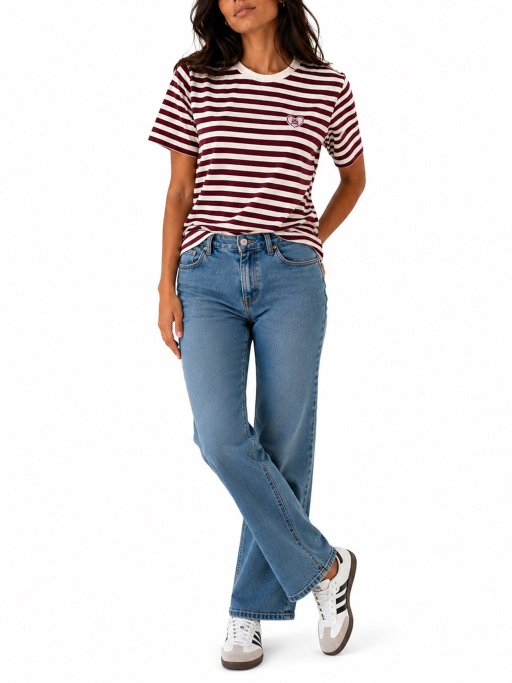 T-shirt Only Livina Bianco Bordeaux a maniche corte a righe 15359677 /Fig ONLY 