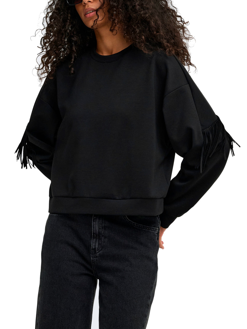 Felpa Only Alina Nero girocollo con frangie 15380310 /Black ONLY 