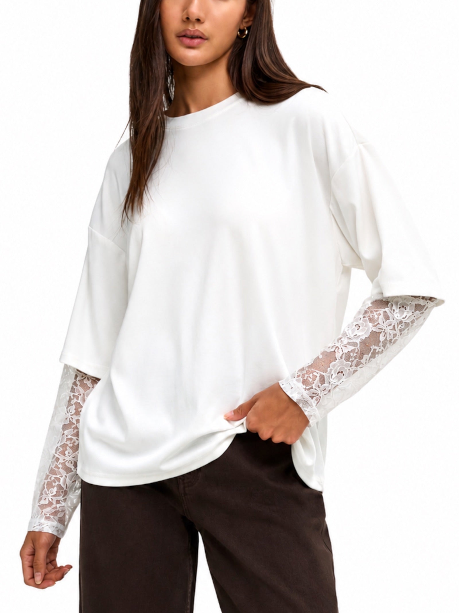 T-shirt Only Talia Bianco maniche lunghe con pizzo 15381333 /Cloud Dancer ONLY 