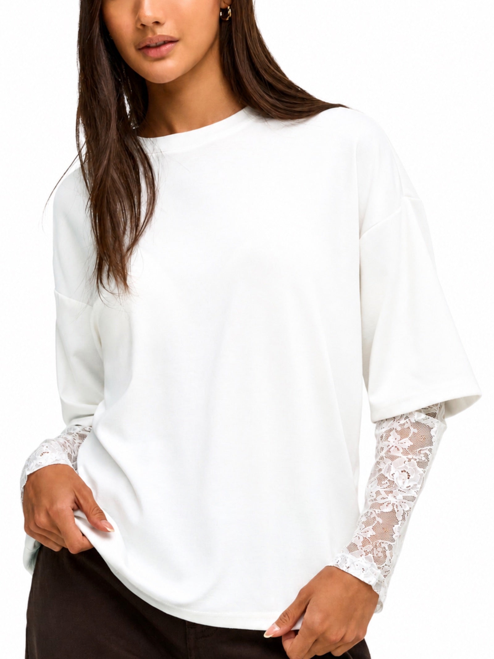 T-shirt Only Talia Bianco maniche lunghe con pizzo 15381333 /Cloud Dancer ONLY 