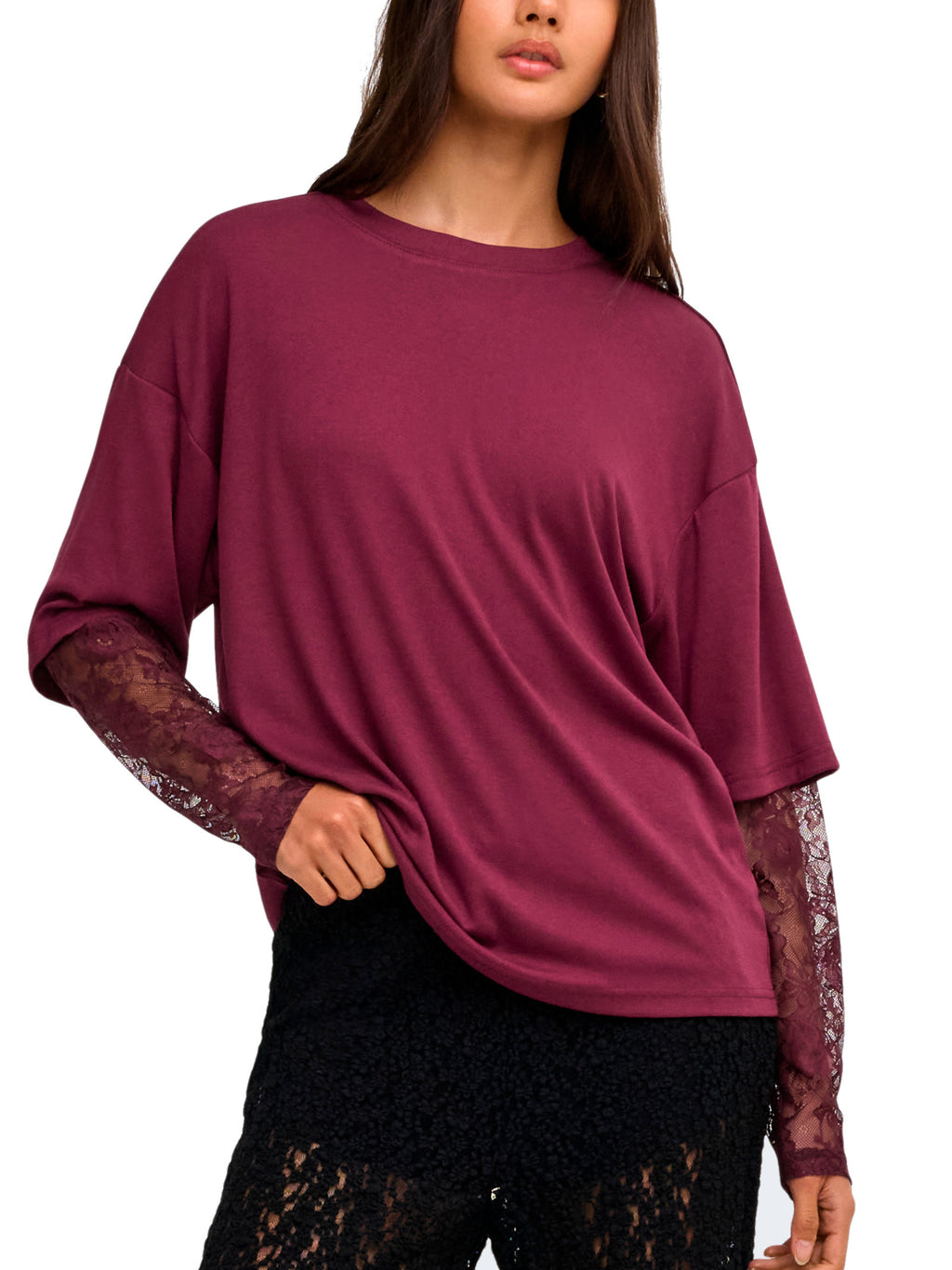 T-shirt Only Talia Bordeaux maniche lunghe con pizzo 15381333 /Fig ONLY 