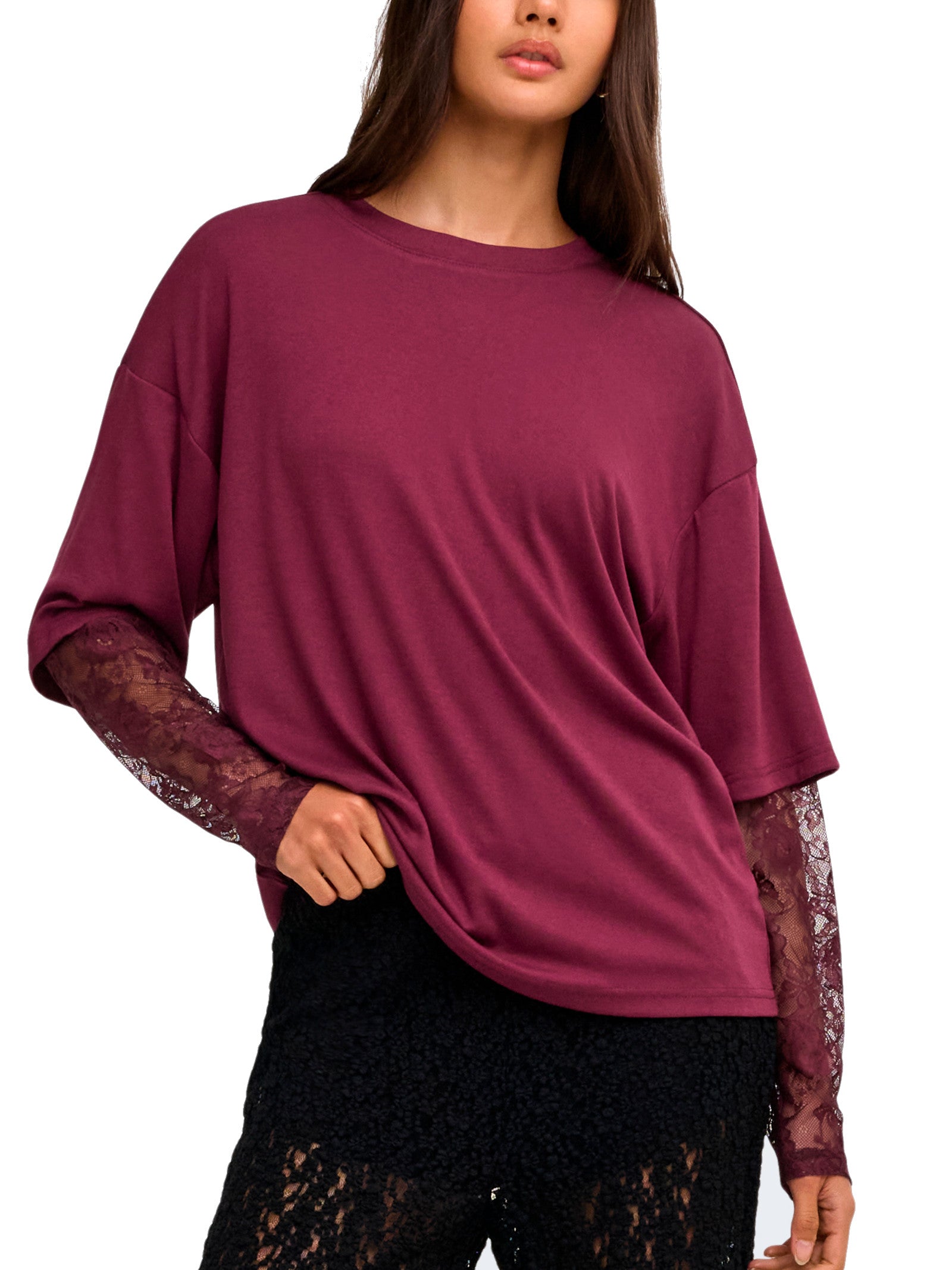 T-shirt Only Talia Bordeaux maniche lunghe con pizzo 15381333 /Fig ONLY 