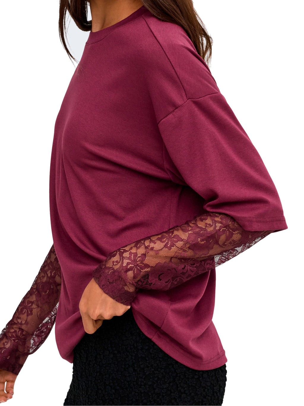 T-shirt Only Talia Bordeaux maniche lunghe con pizzo 15381333 /Fig ONLY 