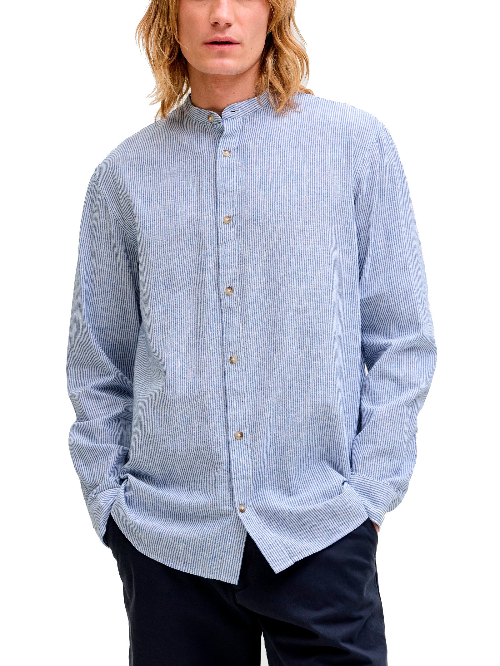 Camicia Jack & Jones Celeste bianco Summer coreana misto lino 12289184 /Infinity JACK & JONES 