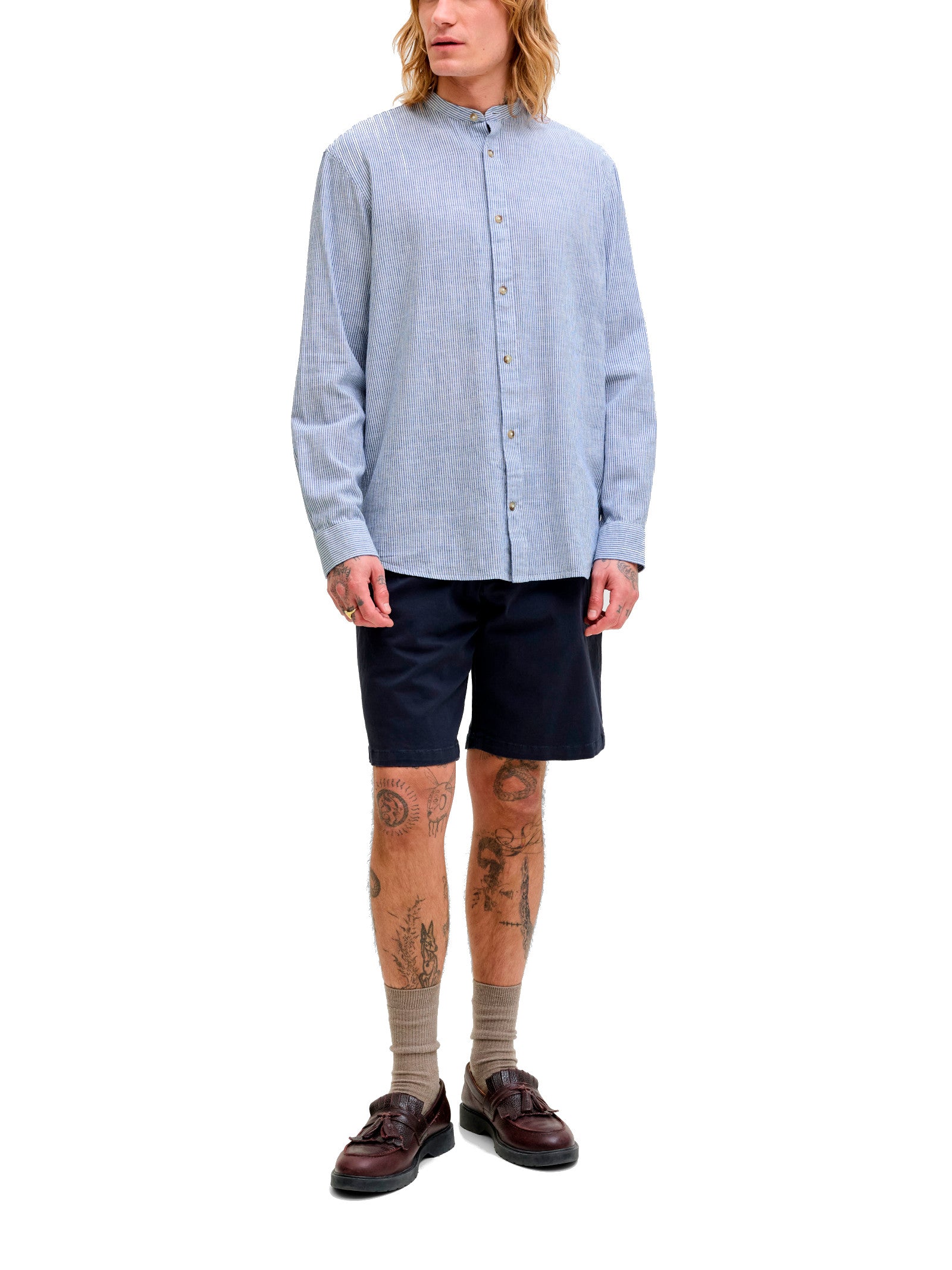 Camicia Jack & Jones Celeste bianco Summer coreana misto lino 12289184 /Infinity JACK & JONES 