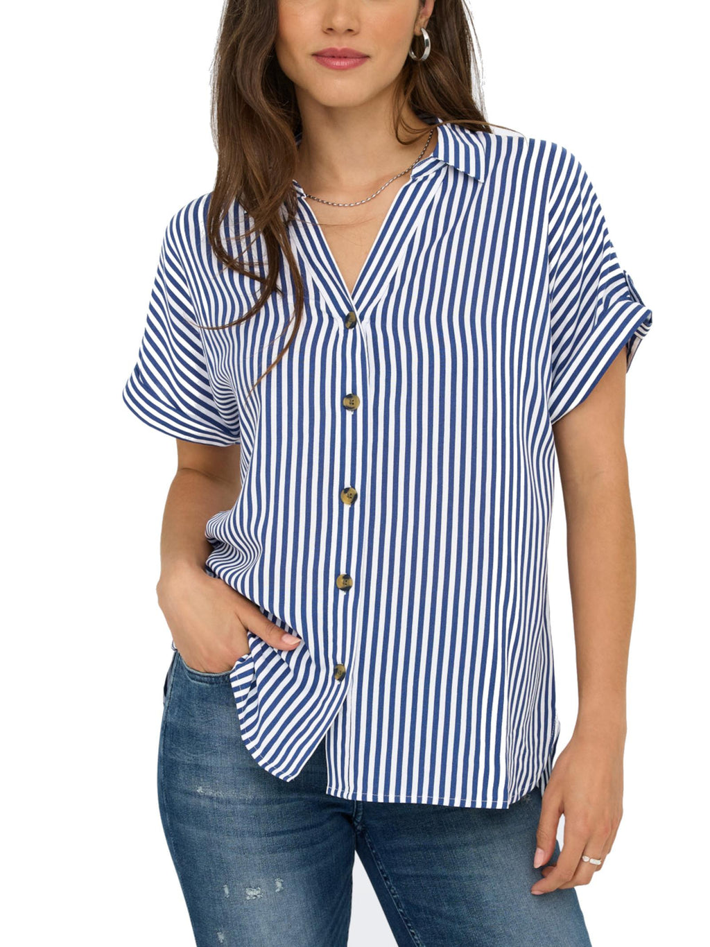 Camicia Only Blu bianco Yasmin a manica corta 15348758 /Peacoat ONLY 